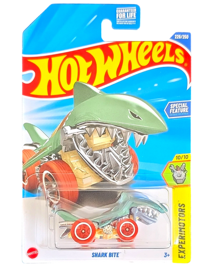 More Than Diecast Hot Wheels Shark Bite Treasure Hunt die-cast car in green with red wheels on blister card