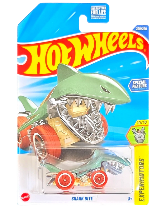 More Than Diecast Hot Wheels Shark Bite Treasure Hunt die-cast car in green with red wheels on blister card