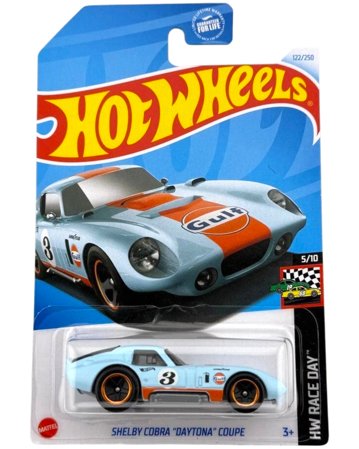 More Than Diecast Hot Wheels Shelby Cobra Daytona Coupe in Gulf Oil light blue and orange livery on blister card
