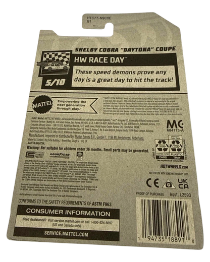 Back of More Than Diecast Hot Wheels Shelby Cobra Daytona Coupe packaging showing product details and barcode