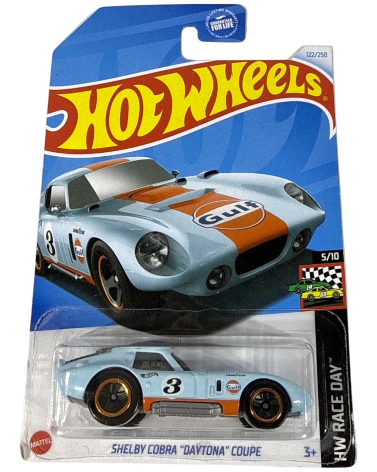 More Than Diecast Hot Wheels Shelby Cobra Daytona Coupe in Gulf Oil blue and orange livery on a creased card