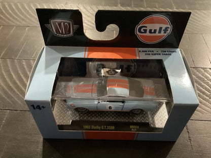 More Than Diecast M2 Machines 1965 Shelby GT350R Gulf Oil model car in light blue and orange packaging