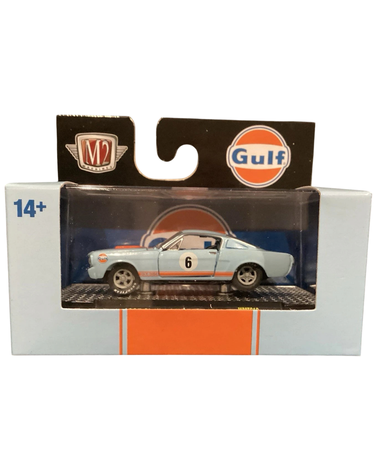 More Than Diecast M2 Machines 1965 Shelby GT350R Gulf Oil model car in light blue with orange racing stripes