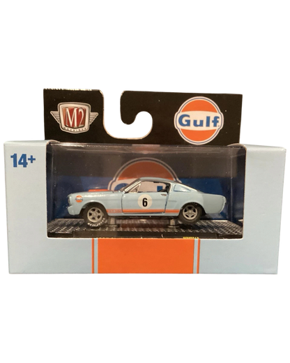 More Than Diecast M2 Machines 1965 Shelby GT350R Gulf Oil model car in light blue with orange racing stripes