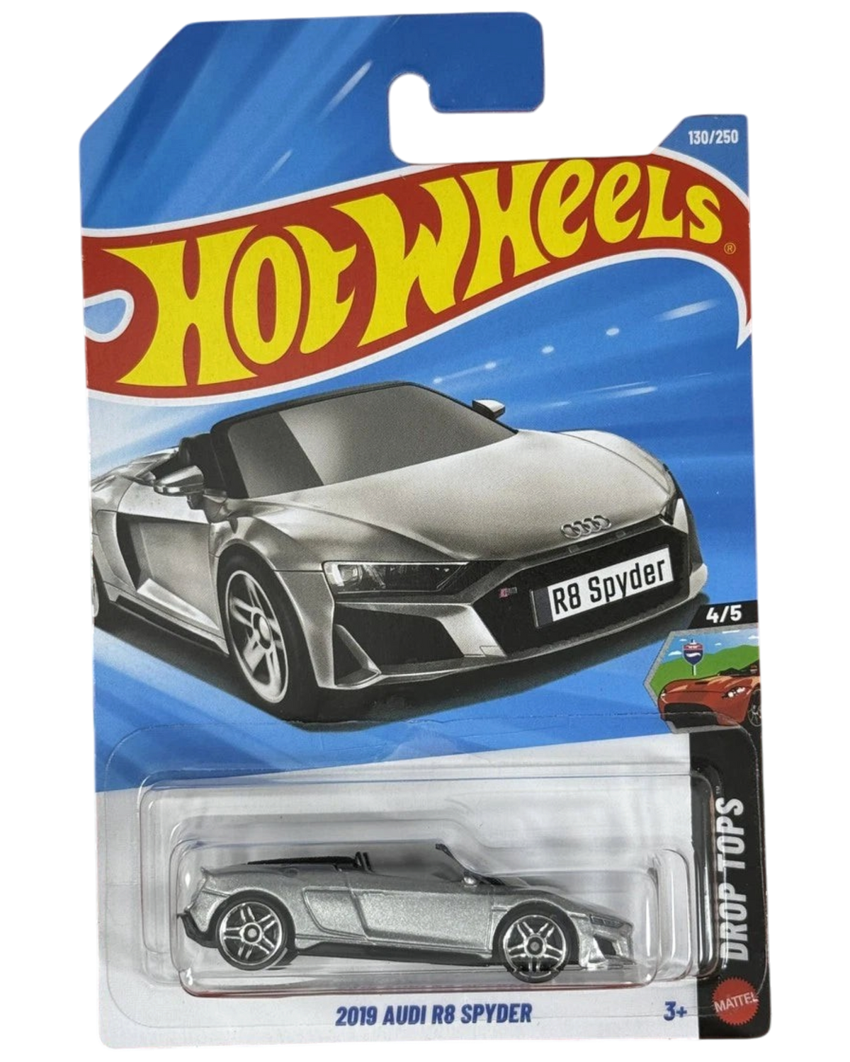 More Than Diecast Hot Wheels 2019 Audi R8 Spyder silver convertible die-cast car in original blister packaging