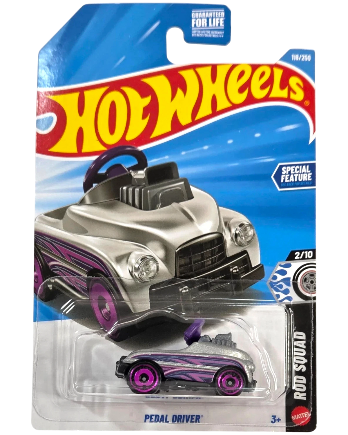 More Than Diecast silver Hot Wheels Pedal Driver 1:64 die-cast car from the 2026 HW Rod Squad series in packaging.