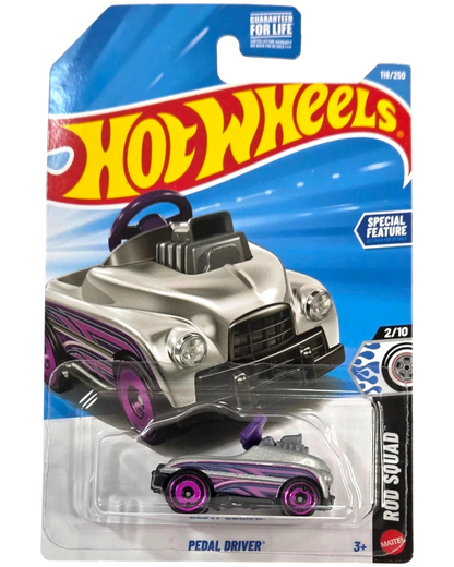 More Than Diecast silver Hot Wheels Pedal Driver 1:64 die-cast car from the 2026 HW Rod Squad series in packaging.