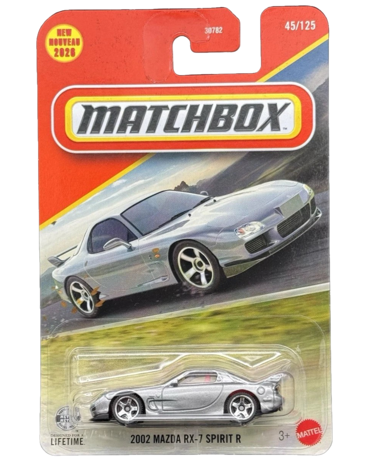 More Than Diecast Matchbox 2026 MBX Team Mazda 2002 Mazda RX-7 Spirit R silver die-cast car in original packaging