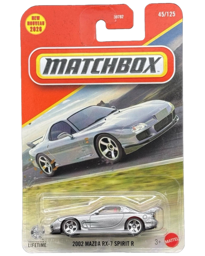 More Than Diecast Matchbox 2026 MBX Team Mazda 2002 Mazda RX-7 Spirit R silver die-cast car in original packaging