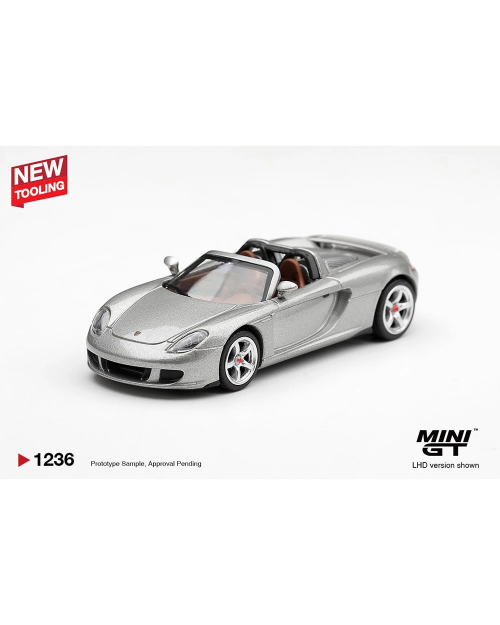 More Than Diecast Mini GT 1:64 scale silver Porsche Carrera GT die-cast model car with brown interior