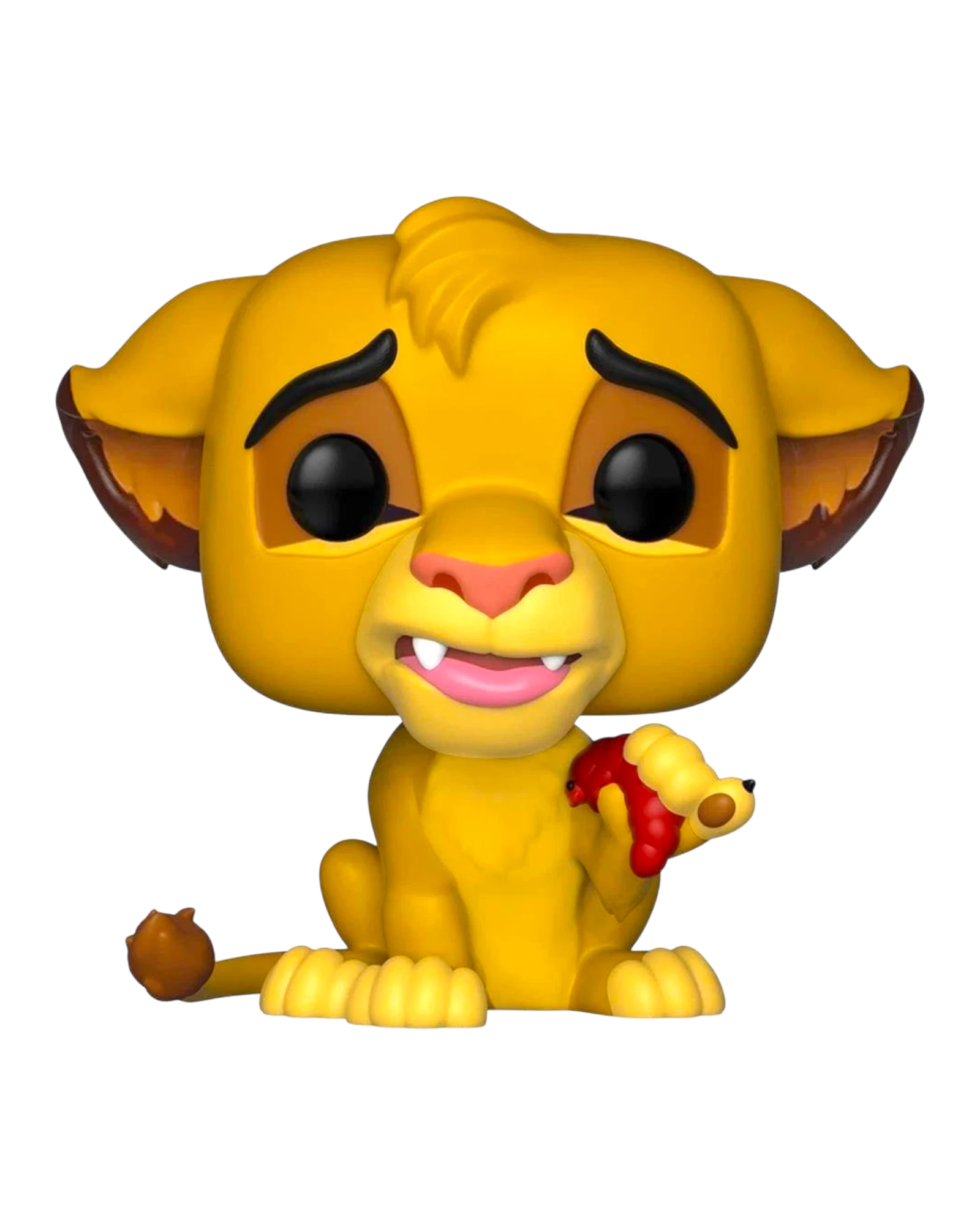 More Than Diecast Funko Pop Disney Simba figure holding a red grub, featuring iconic large eyes and yellow fur.