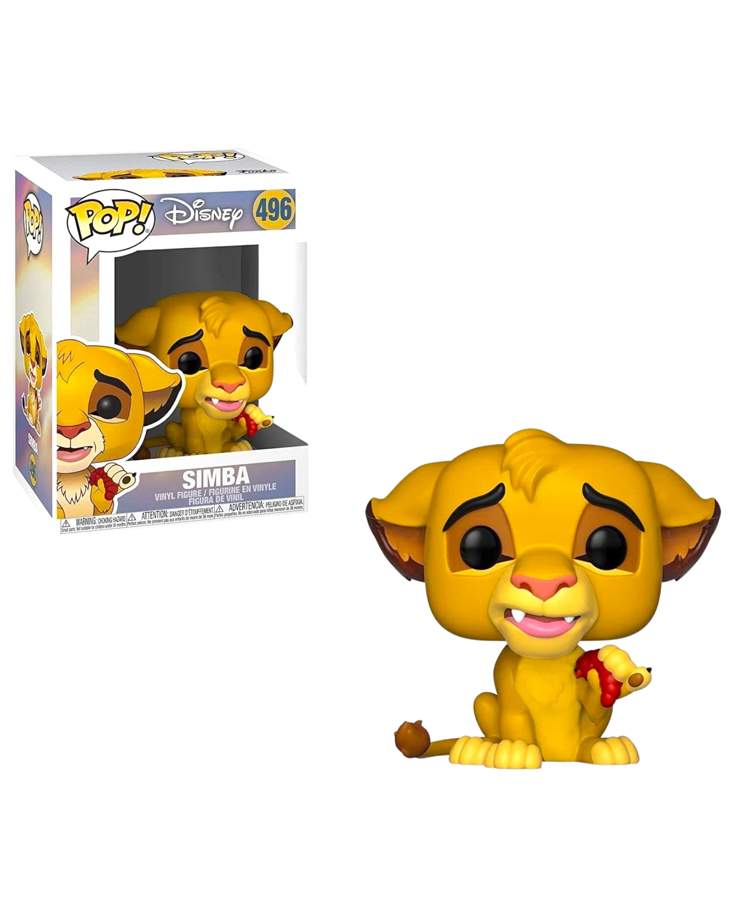 More Than Diecast Funko Pop Disney Simba figure holding a grub, featuring iconic wide eyes and yellow fur design.