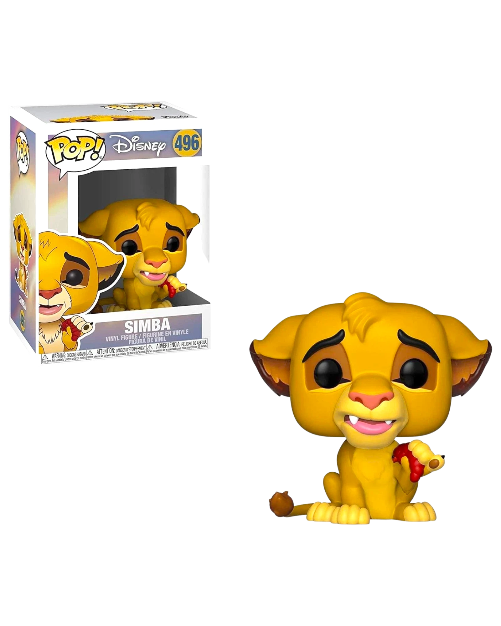 More Than Diecast Funko Pop Disney Simba figure holding a grub, featuring iconic wide eyes and yellow fur design.