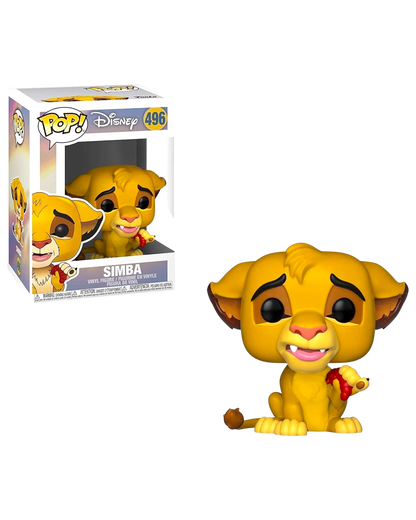 More Than Diecast Funko Pop Disney Simba figure holding a grub, featuring iconic wide eyes and yellow fur design.