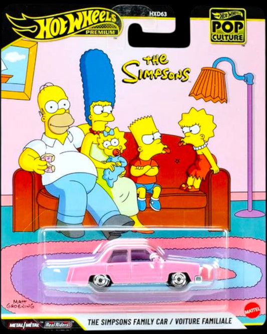 More Than Diecast Hot Wheels 1/64 scale The Simpsons family car in pink, packaged on a themed blister card.
