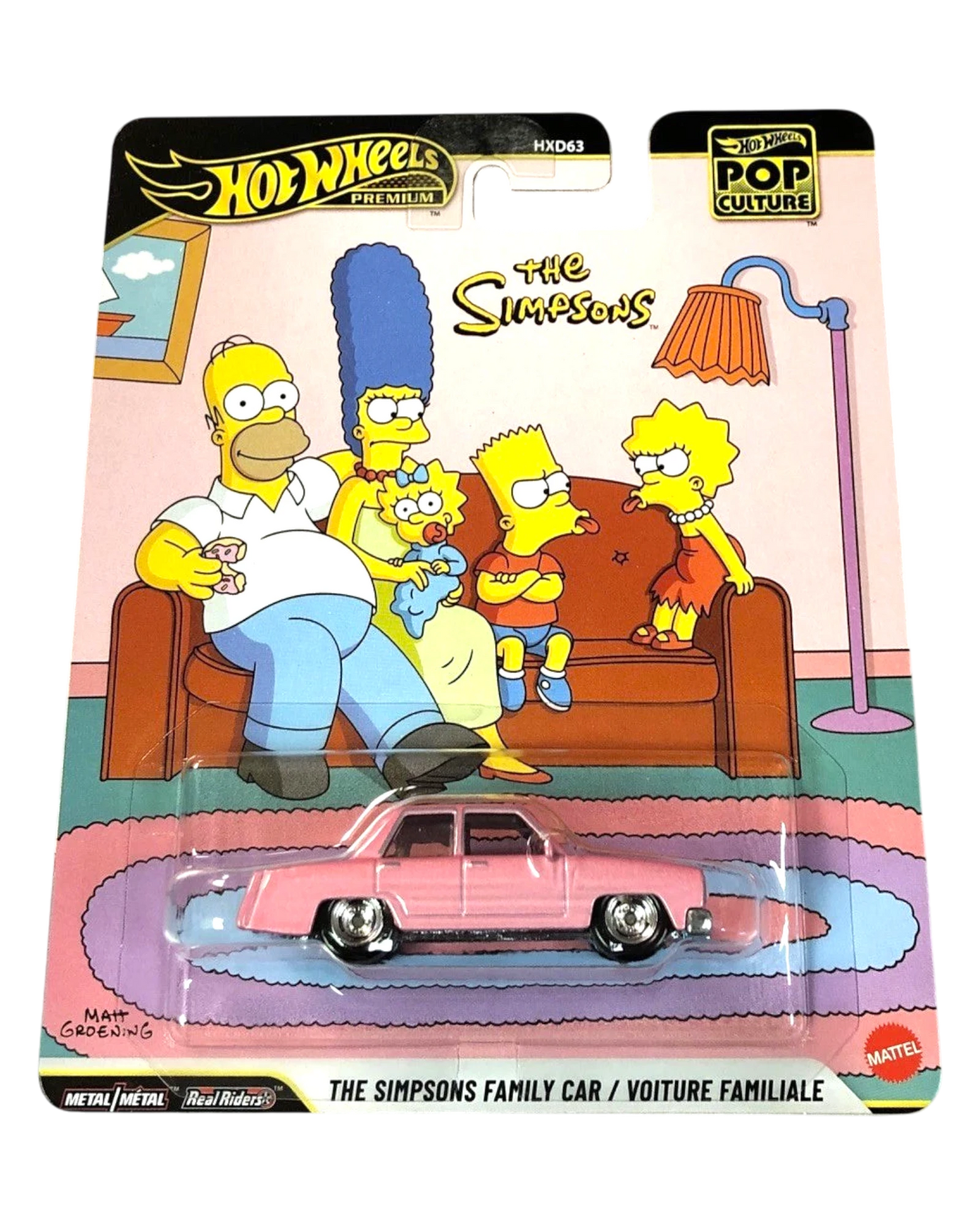 More Than Diecast Hot Wheels Premium The Simpsons family car in pink, factory sealed on themed blister card packaging.