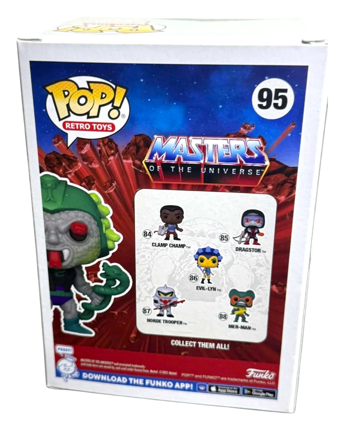 More Than Diecast Masters of the Universe Snake Face 95 Funko Pop Retro Toys figure. Green snake-like head, red eyes, holding a snake.