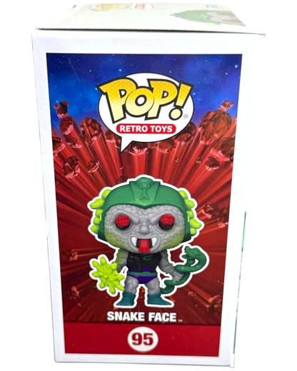 More Than Diecast Funko Pop Masters of the Universe Snake Face 95 figure with green helmet and snake accessories.