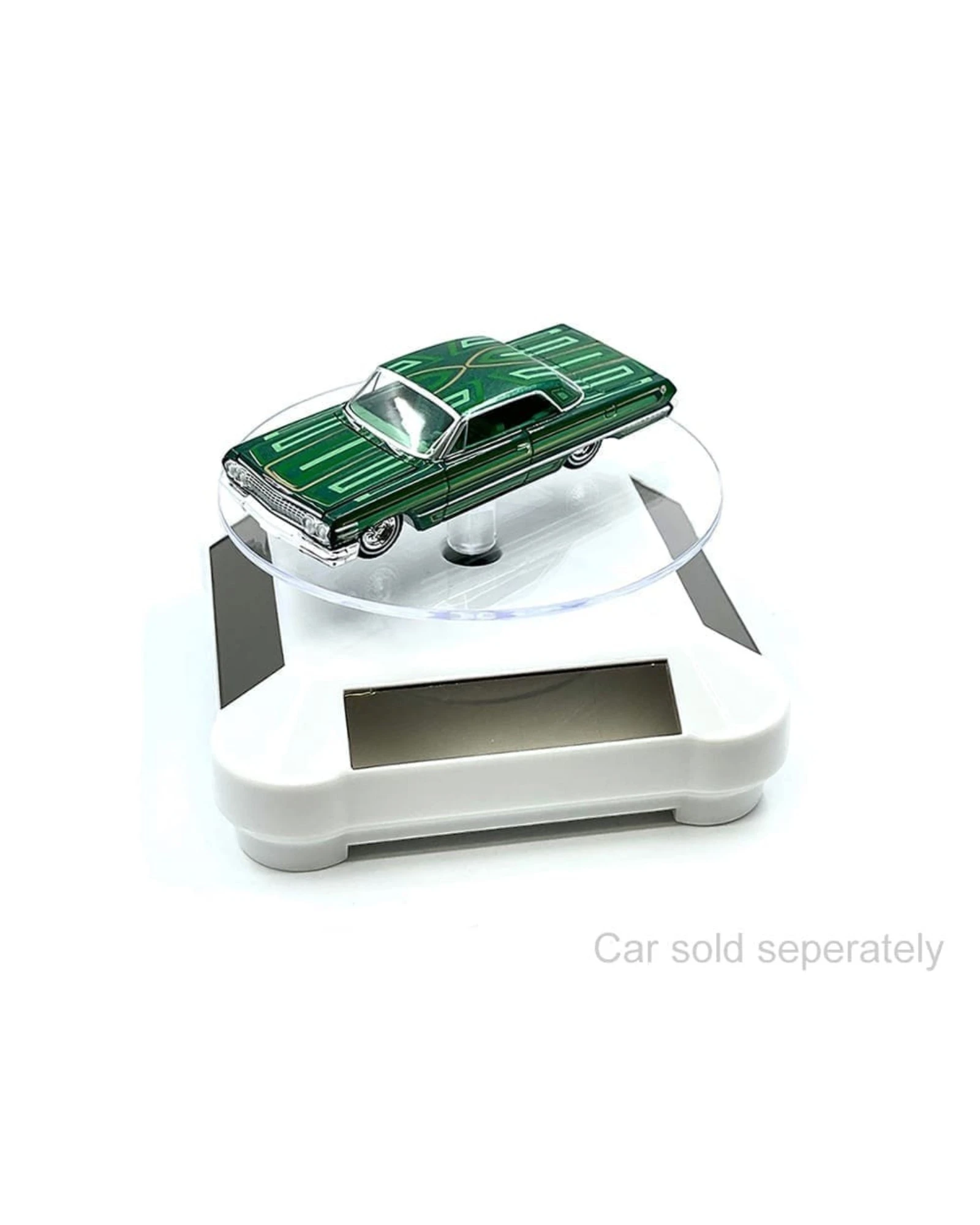 More Than Diecast solar powered white turntable display stand with 3.5" rotating platform for 1:64 scale models.