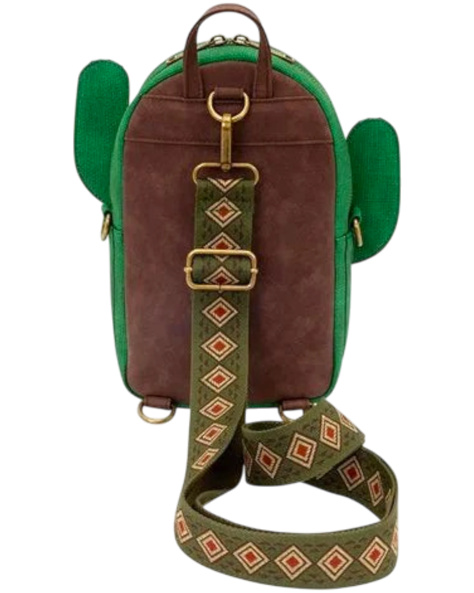 More Than Diecast Loungefly Peanuts Spike cactus sling bag showing the brown back panel and patterned adjustable strap