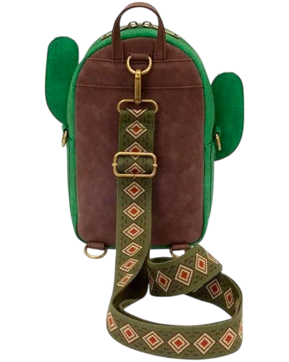 More Than Diecast Loungefly Peanuts Spike cactus sling bag showing the brown back panel and patterned adjustable strap