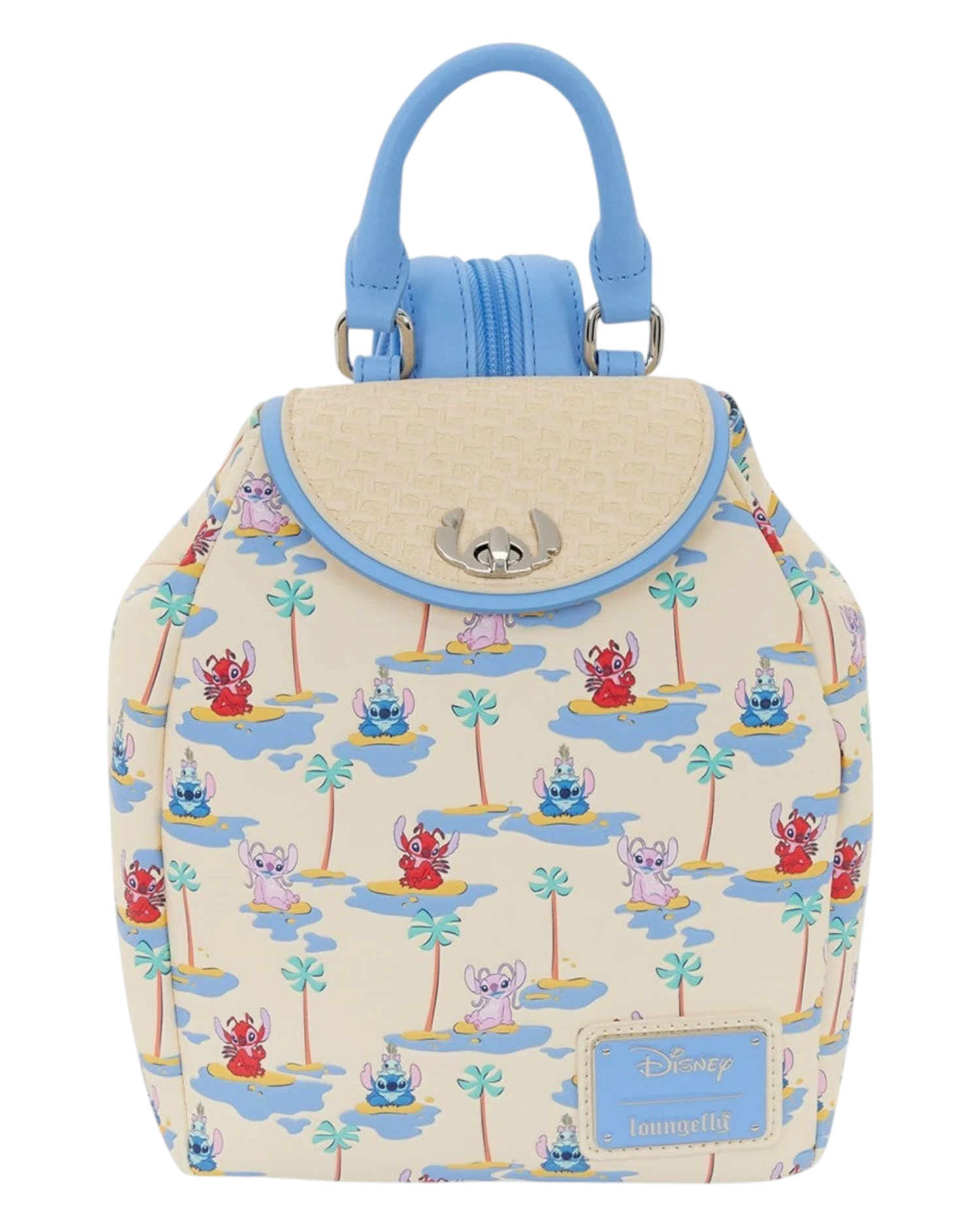 More Than Diecast Lilo & Stitch Stitch, Angel, and Leroy micro mini-backpack with tropical print and light blue straps.