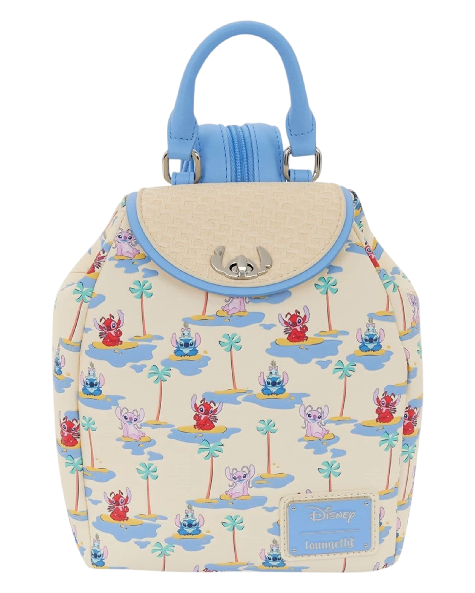 More Than Diecast Lilo & Stitch Stitch, Angel, and Leroy micro mini-backpack with tropical print and light blue straps.