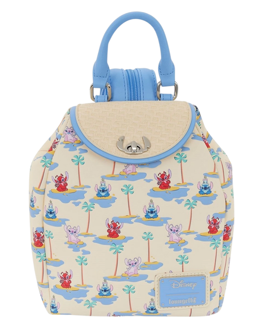 More Than Diecast Lilo & Stitch Stitch, Angel, and Leroy micro mini-backpack with tropical print and light blue straps.