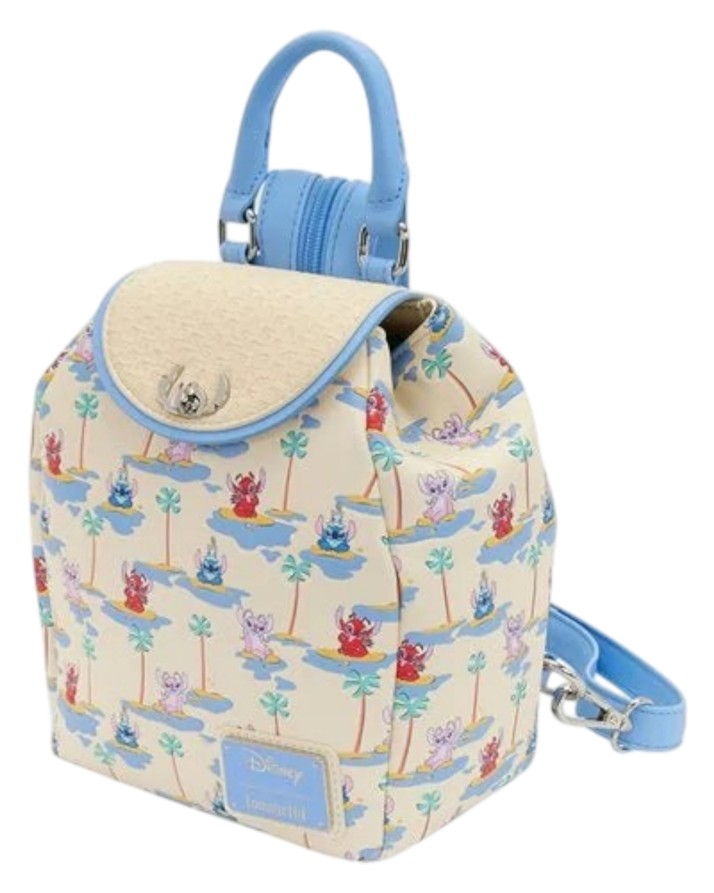 More Than Diecast Lilo & Stitch Stitch, Angel, and Leroy micro mini-backpack with tropical print and light blue straps.