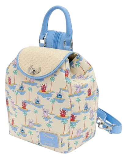 More Than Diecast Lilo & Stitch Stitch, Angel, and Leroy micro mini-backpack with tropical print and light blue straps.