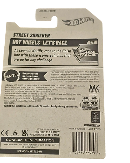 More Than Diecast Hot Wheels Street Shrieker purple toy car packaging back view with product information