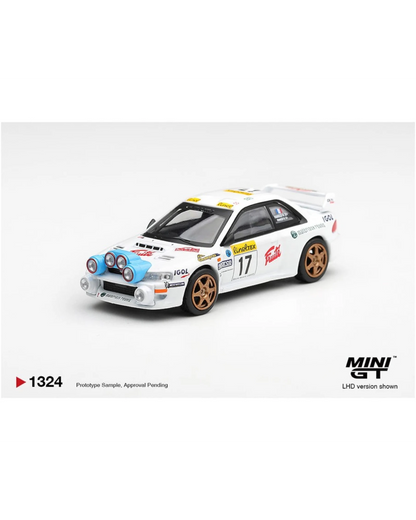 More Than Diecast Mini GT 1:64 Subaru Impreza WRC98 #17 rally car in white with gold wheels and racing decals.