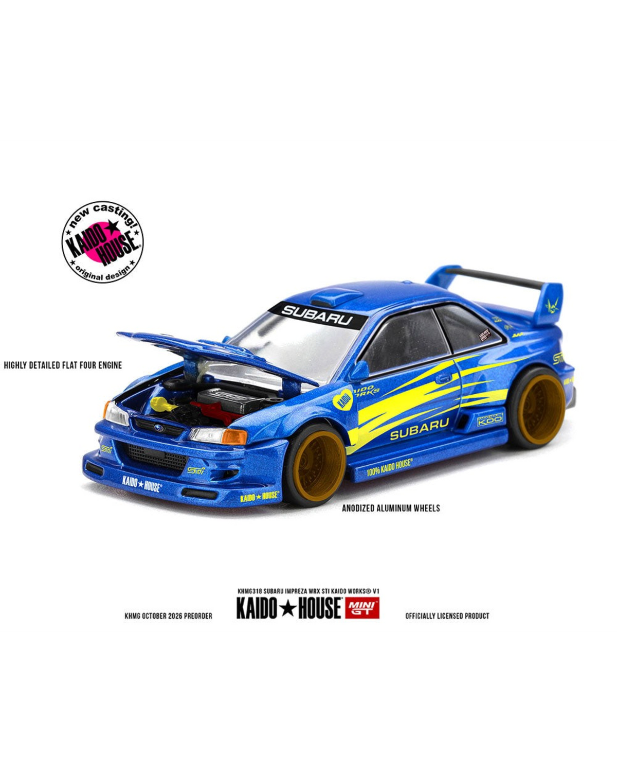More Than Diecast Kaido House x Mini GT blue Subaru Impreza WRX STI diecast model with open hood and gold wheels