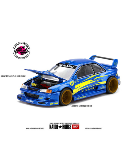More Than Diecast Kaido House x Mini GT blue Subaru Impreza WRX STI diecast model with open hood and gold wheels