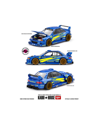 More Than Diecast Kaido House x Mini GT blue Subaru Impreza WRX STI KAIDO WORKS V1 model car with gold wheels