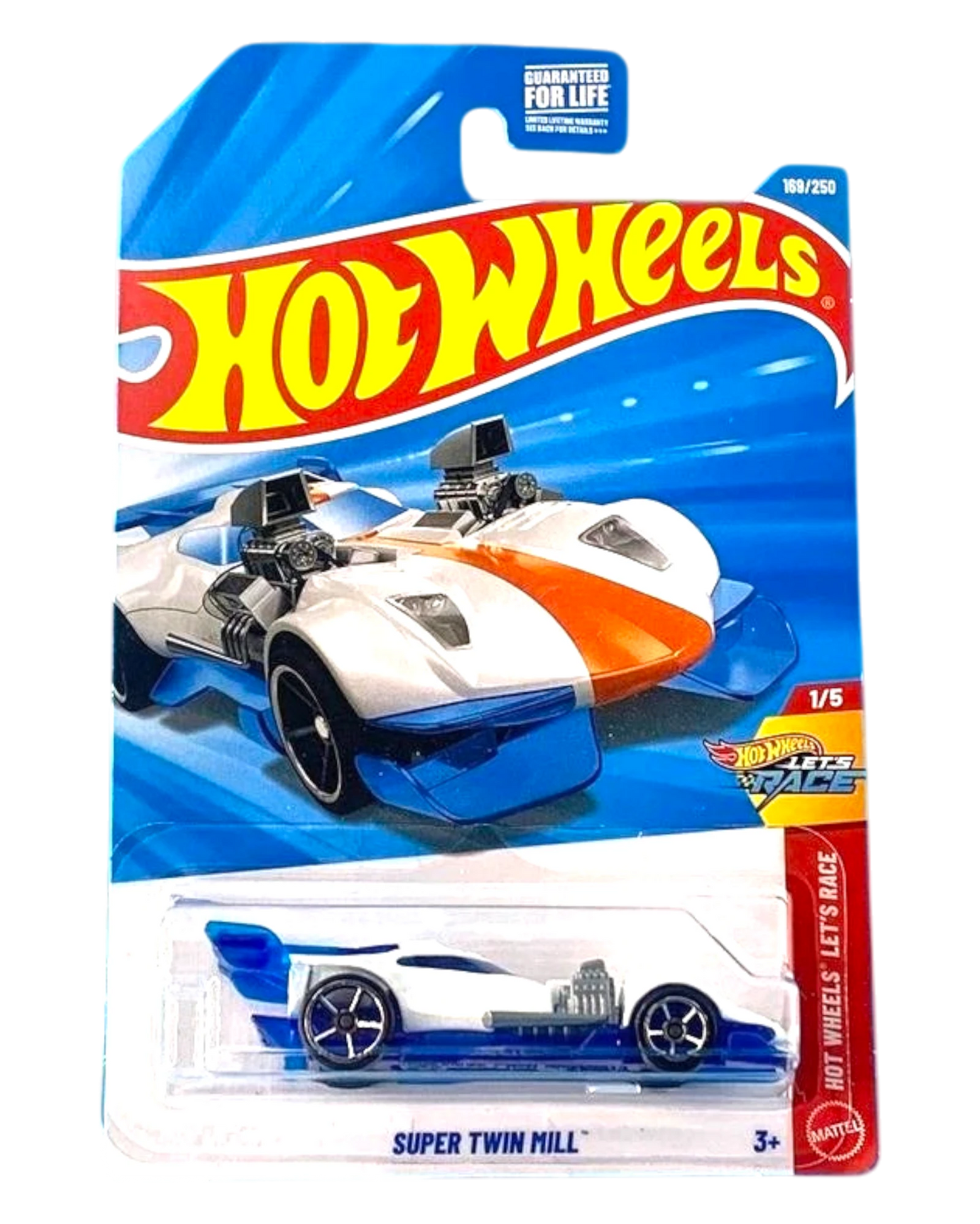 More Than Diecast Hot Wheels 2026 Super Twin Mill white toy car with orange stripe in original blister packaging
