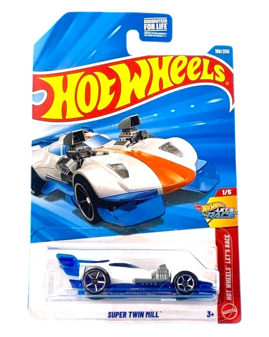 More Than Diecast Hot Wheels 2026 Super Twin Mill white toy car with orange stripe in original blister packaging