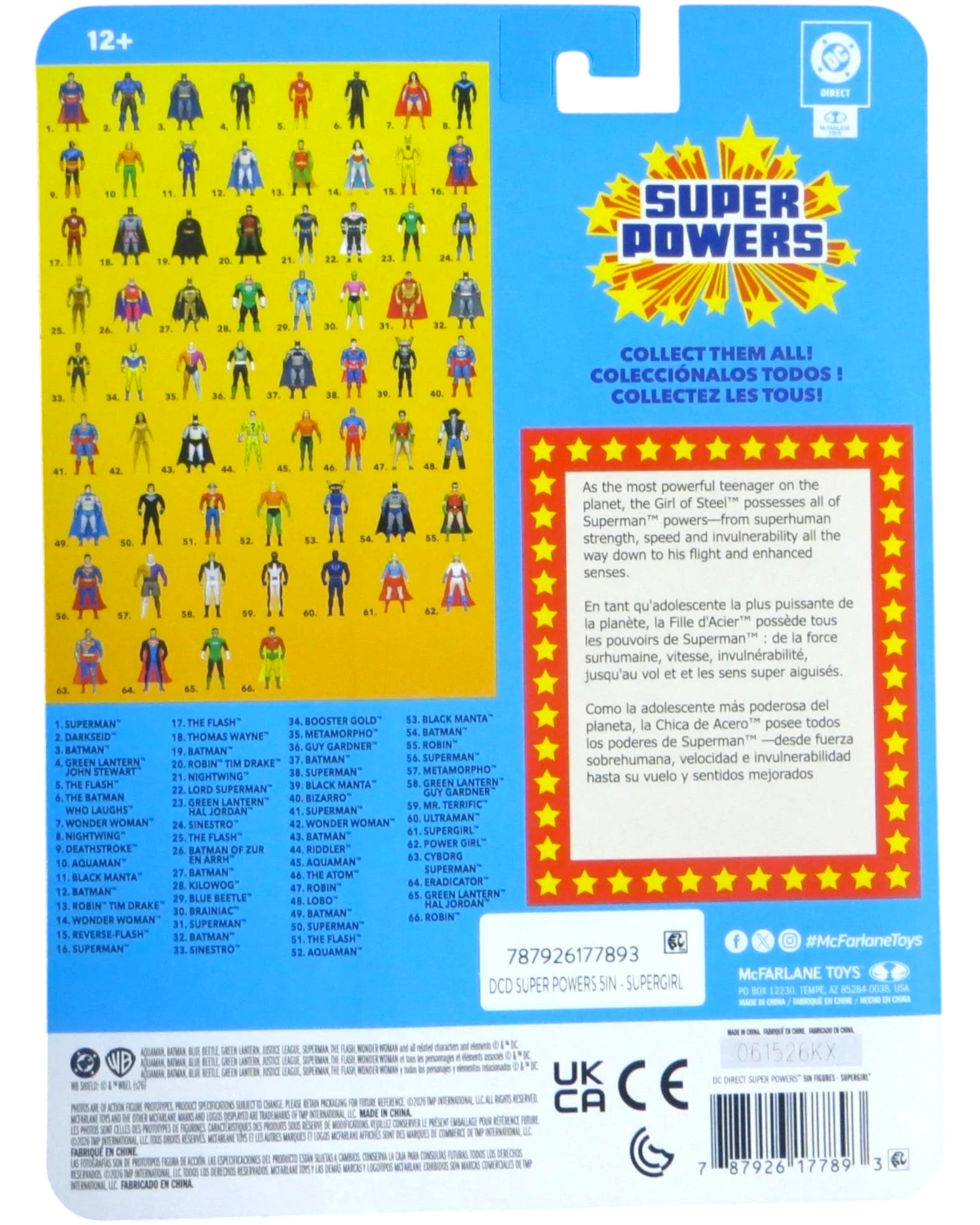More Than Diecast McFarlane Super Powers Supergirl action figure card back showing the DC Universe collection checklist