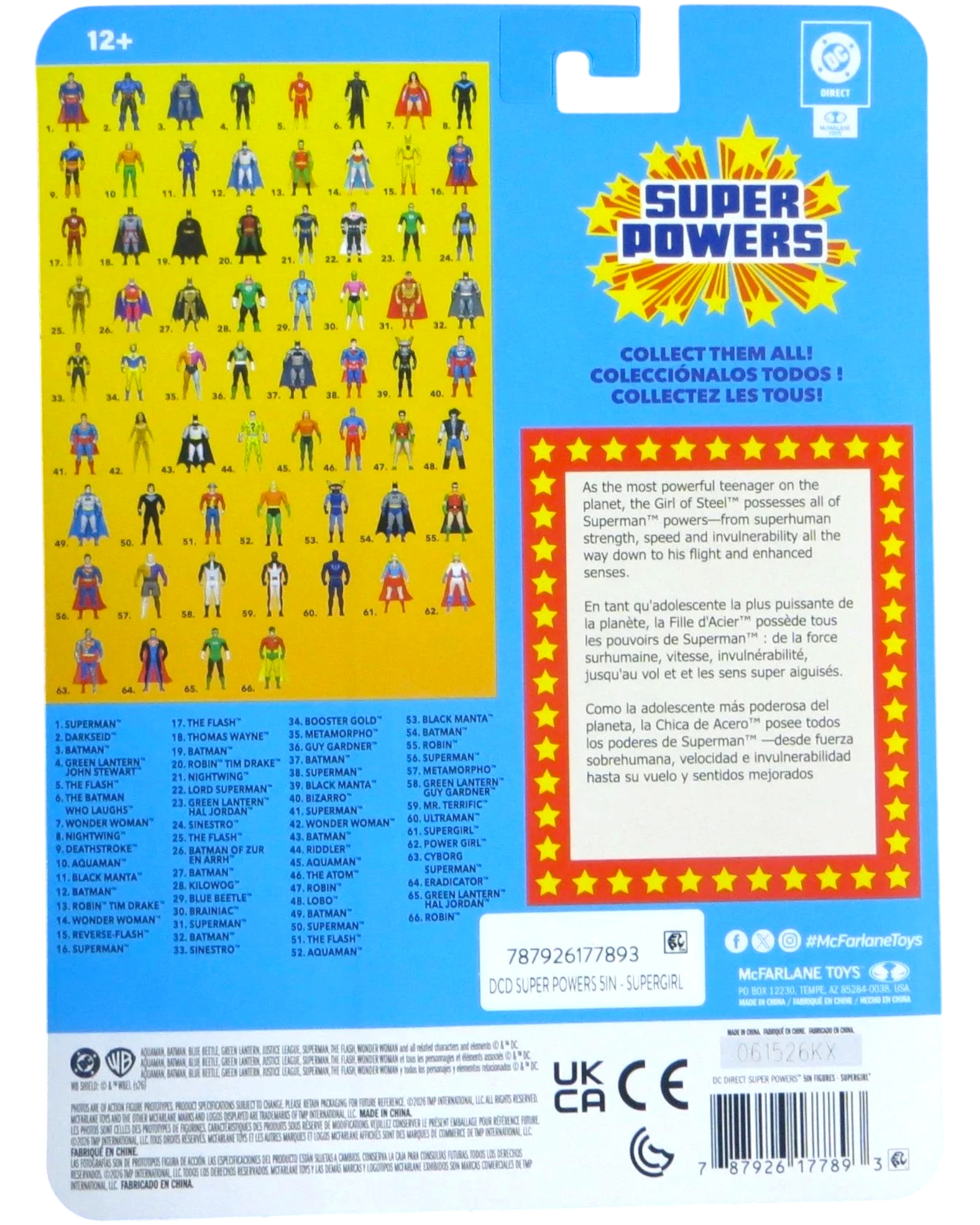 More Than Diecast McFarlane Super Powers Supergirl action figure card back showing the DC Universe collection checklist