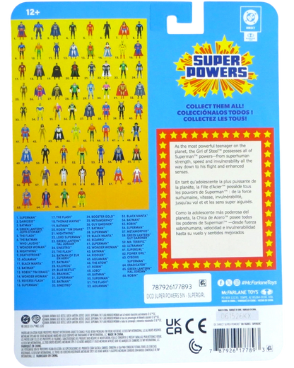 More Than Diecast McFarlane Super Powers Supergirl action figure card back showing the DC Universe collection checklist