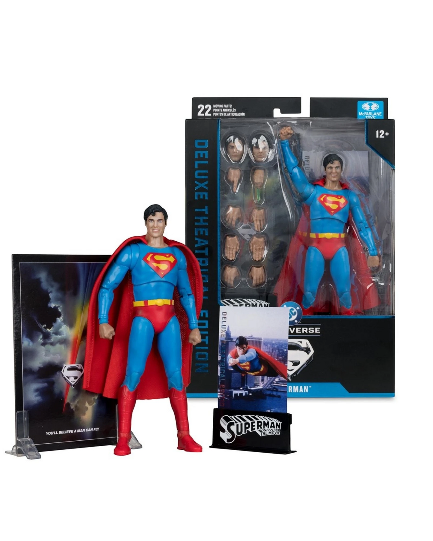 More Than Diecast DC Multiverse Superman 1978 action figure with fabric cape, display stand, and collectible packaging.