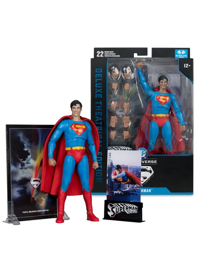 More Than Diecast DC Multiverse Superman 1978 action figure with fabric cape, display stand, and collectible packaging.