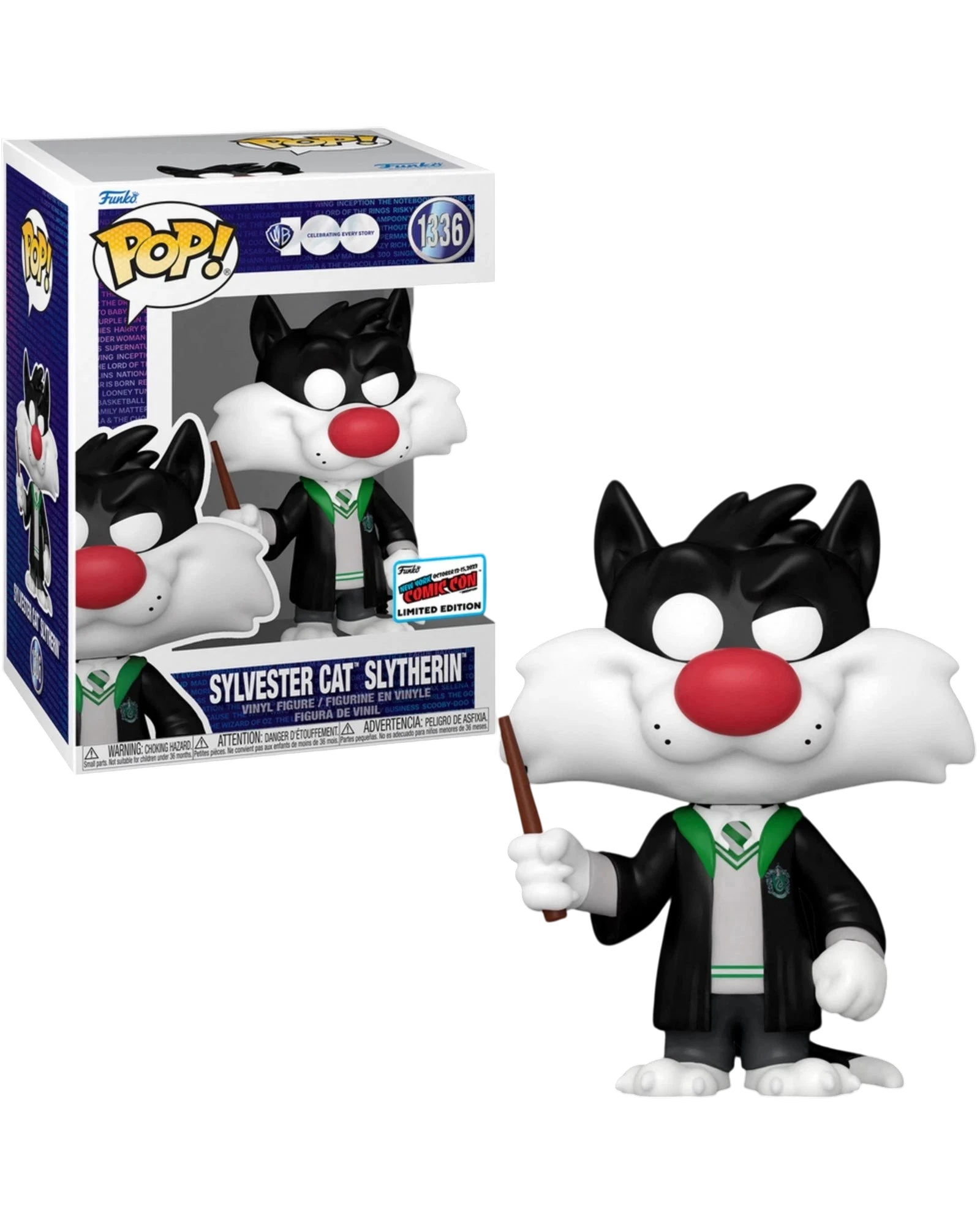 More Than Diecast Funko Pop! Sylvester Cat Slytherin 1336 vinyl figure, black and white cat in Hogwarts uniform holding a wand.