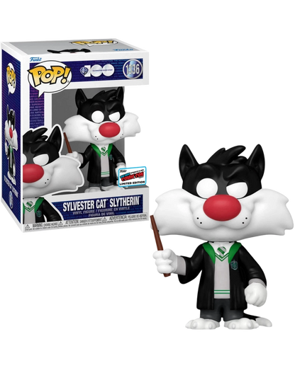 More Than Diecast Funko Pop! Sylvester Cat Slytherin 1336 vinyl figure, black and white cat in Hogwarts uniform holding a wand.