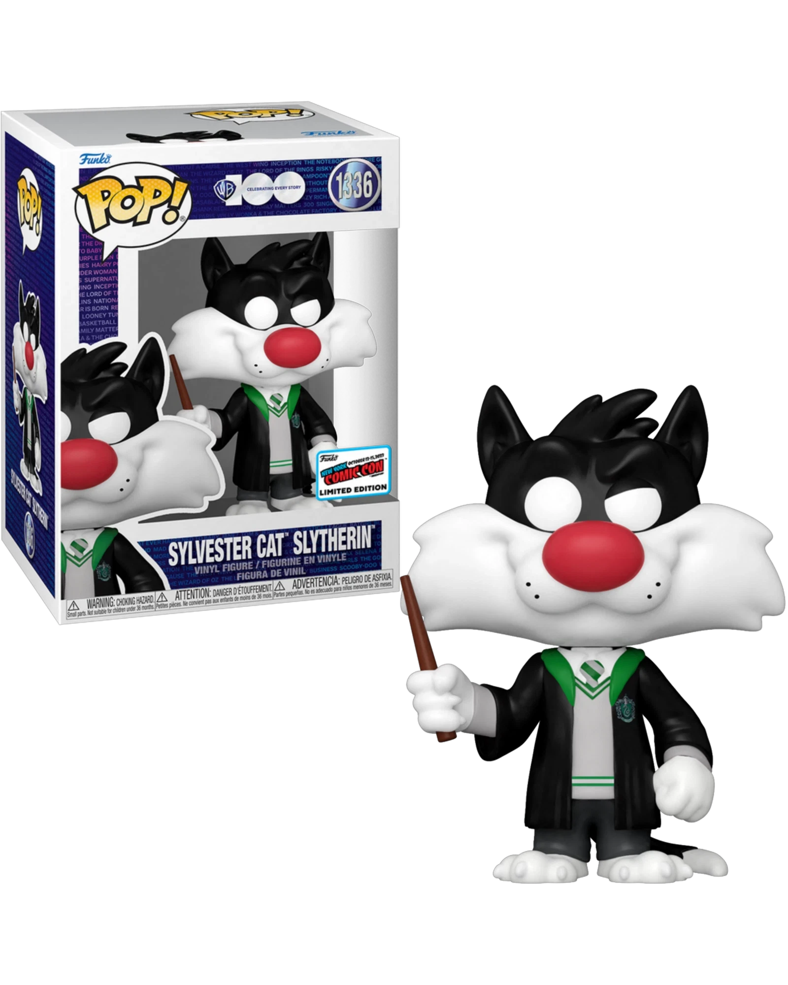 More Than Diecast Sylvester Cat Slytherin Funko Pop! vinyl figure 1336, wearing a Hogwarts robe and tie, holding a wand.