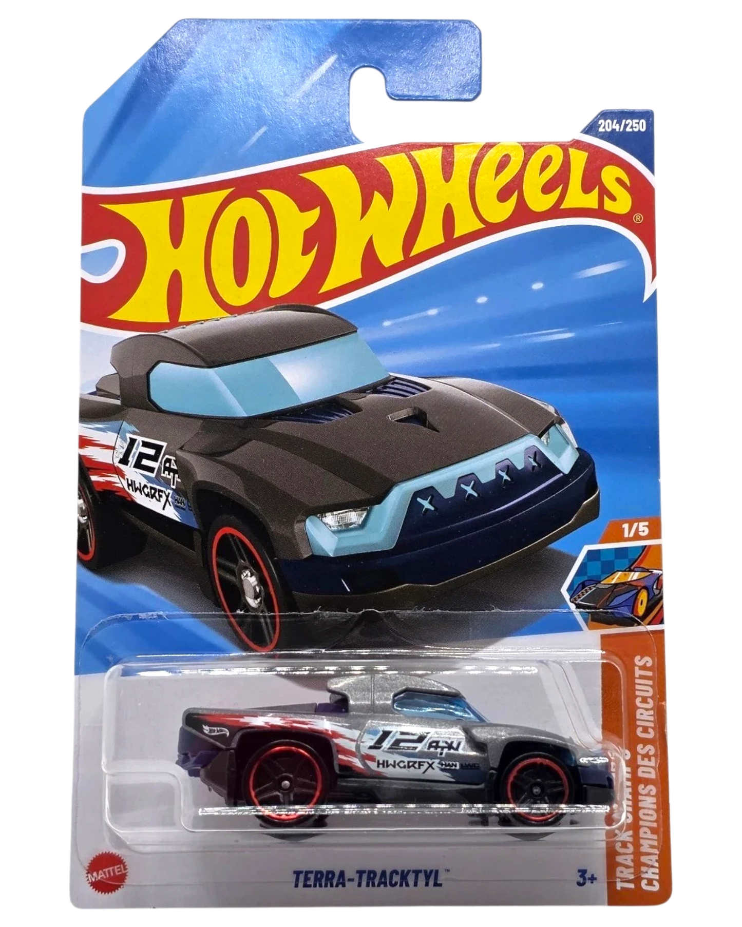 More Than Diecast Hot Wheels TERRA-TRACKTYL 204/250 die-cast truck in grey with red-rimmed wheels and racing decals.