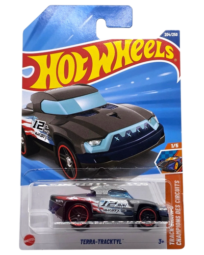 More Than Diecast Hot Wheels TERRA-TRACKTYL 204/250 die-cast truck in grey with red-rimmed wheels and racing decals.