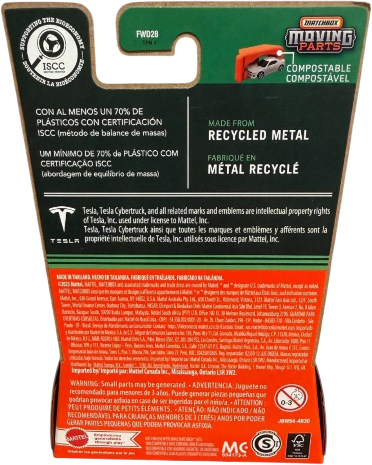 More Than Diecast Matchbox 2025 Tesla Cybertruck packaging back showing recycled metal and ISCC certification details