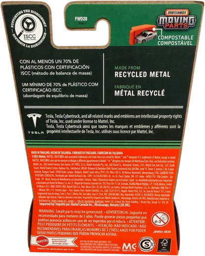 More Than Diecast Matchbox 2025 Tesla Cybertruck packaging back showing recycled metal and ISCC certification details