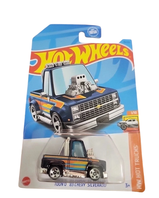 More Than Diecast Hot Wheels Toon'd '83 Chevy Silverado die-cast truck in blue with cartoon-style proportions.